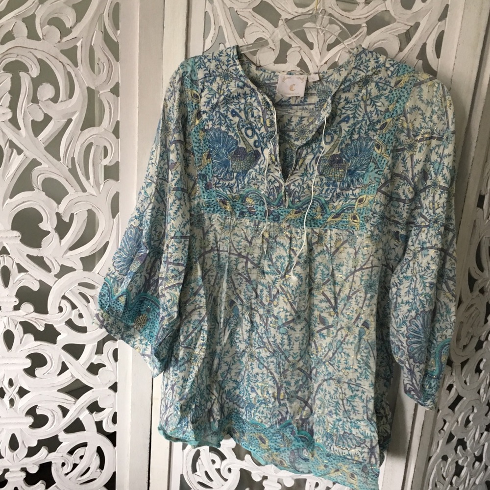 Boho chic peacock blue metallic top